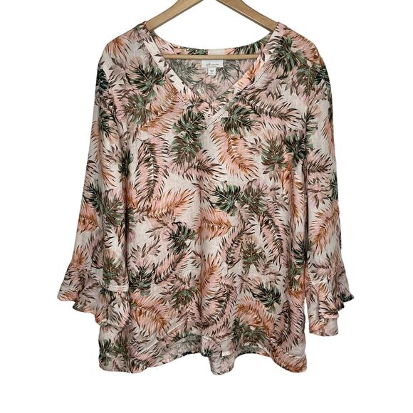 J. Jill Love Linen Women Pullover Top Large Tall Beige Palm Leaf Print Tropical - Picture 1 of 10